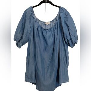LOFT WomensOff Shoulder Chambray Top Sz 18 Ballon Sleeves Boho Blue Flowy Tunic